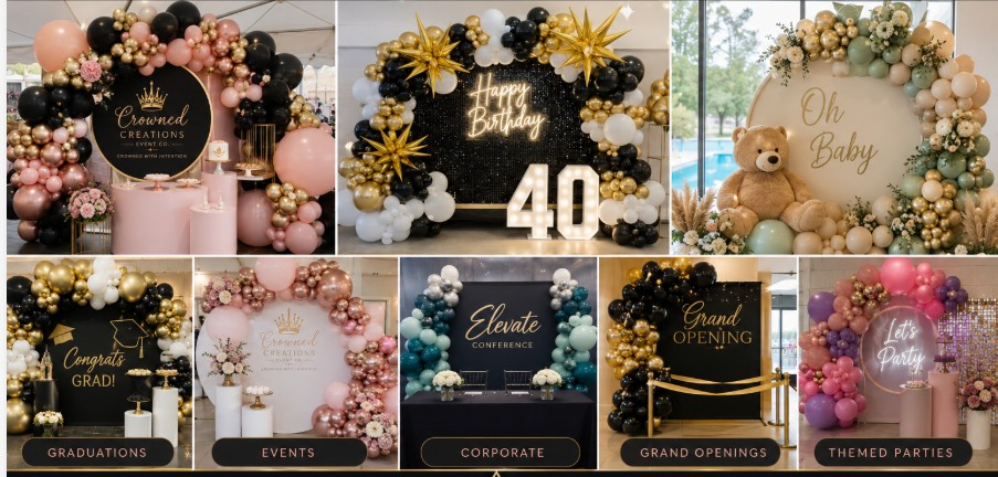 Six Crowned Creations balloon designs for showers, birthdays, corporate events, and grand openings