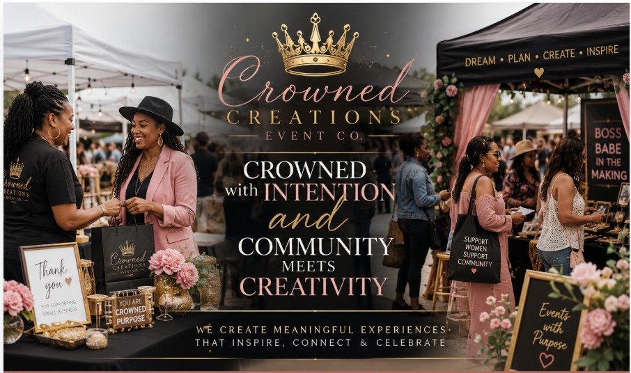 Fully-styled Crowned Creations event with balloons, signage, and tablescape