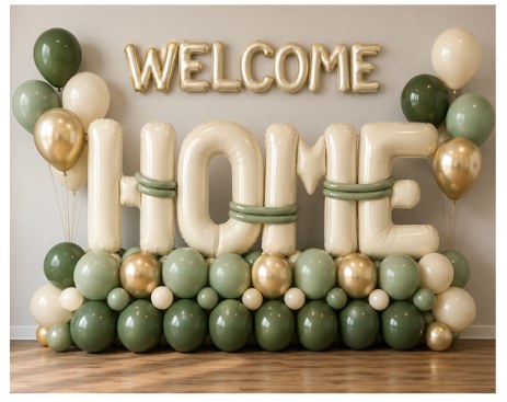 WELCOME HOME balloon letters in sage green, ivory, and gold