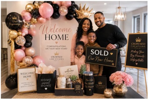 Welcome Home celebration installation with SOLD sign, balloons, and gift display